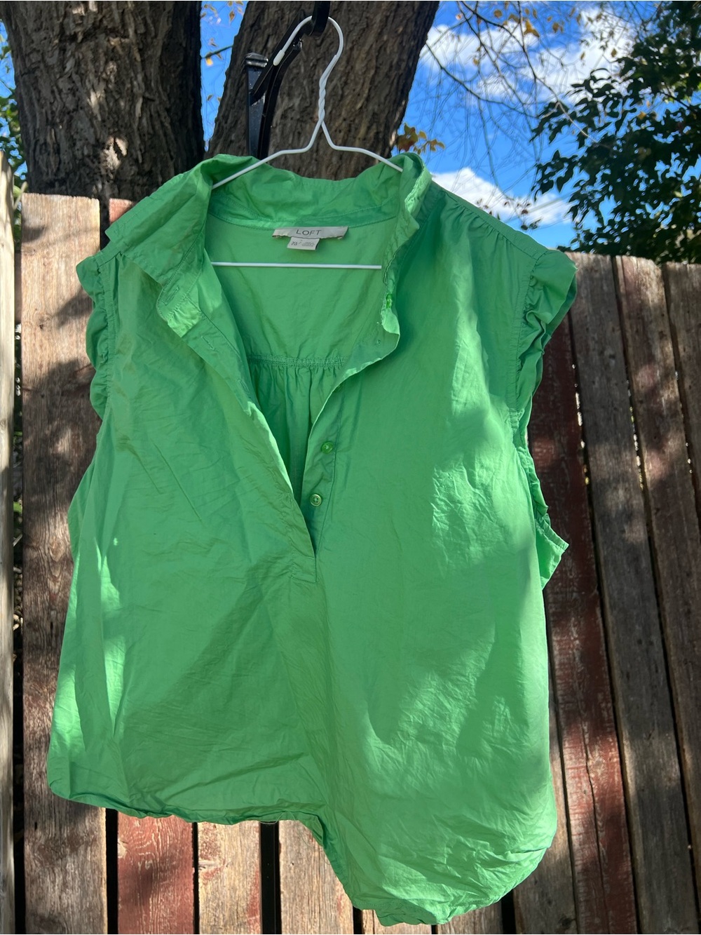 LOFT Bright Green Ruffle Sleeve Button Front Blouse